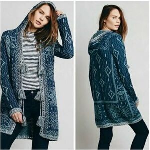Free People Kai Pom Pom Tassel Fringe Geo Print Cardigan Blue Size Medium